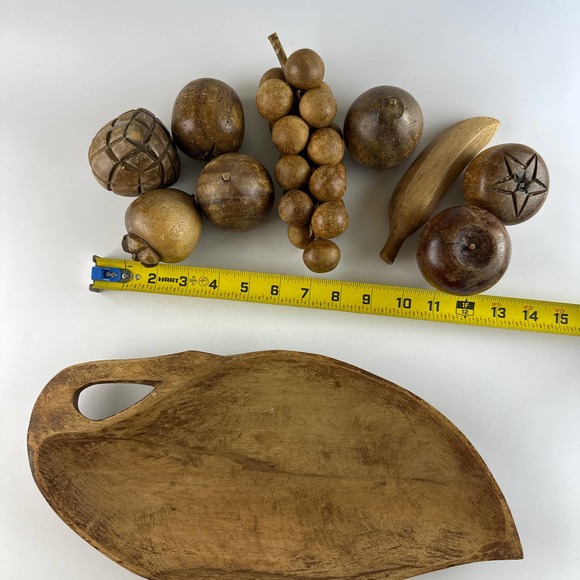 Vtg MCM Wooden Bowl With Fruit 9 Pieces Of Hand Carved Fruit & Wooden Leaf Bowl - Picture 10 of 13